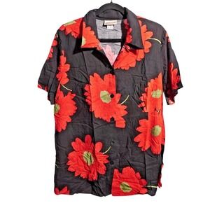 Expressions Plus Vintage Floral Rayon Button Down Shirt Black Red Daisies 16 2X